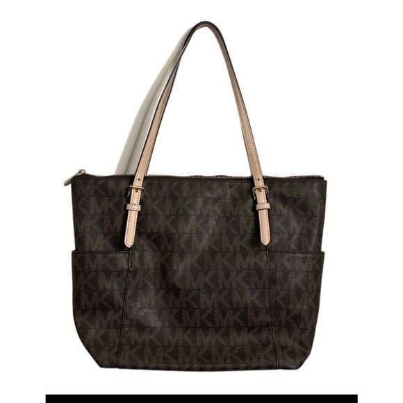 Michael Kors Women's Jet Set Large Tote MK Signature Brown Travel Shoulder Bag - Picture 1 of 5